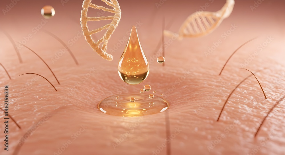 A drop of golden serum lands on skin, DNA strands float nearby. Cellular renewal concept.
