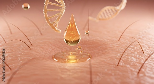 Obraz na płótnie A drop of golden serum lands on skin, DNA strands float nearby. Cellular renewal concept. w salonie