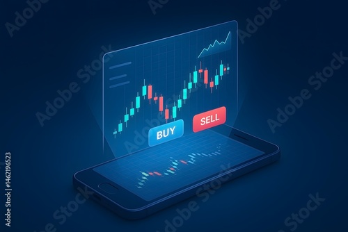 Cryptocurrency trading concept displaying a mobile phone screen with candlestick charts buy and sell buttons over a dark blue background