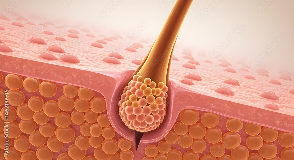 Microscopic view of hair follicle and skin cells. Detailed illustration of human anatomy.