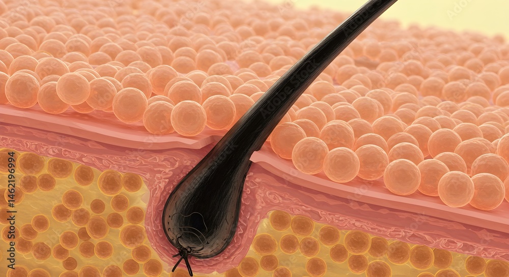 Microscopic view of a hair follicle, showing the hair shaft emerging from the skin.