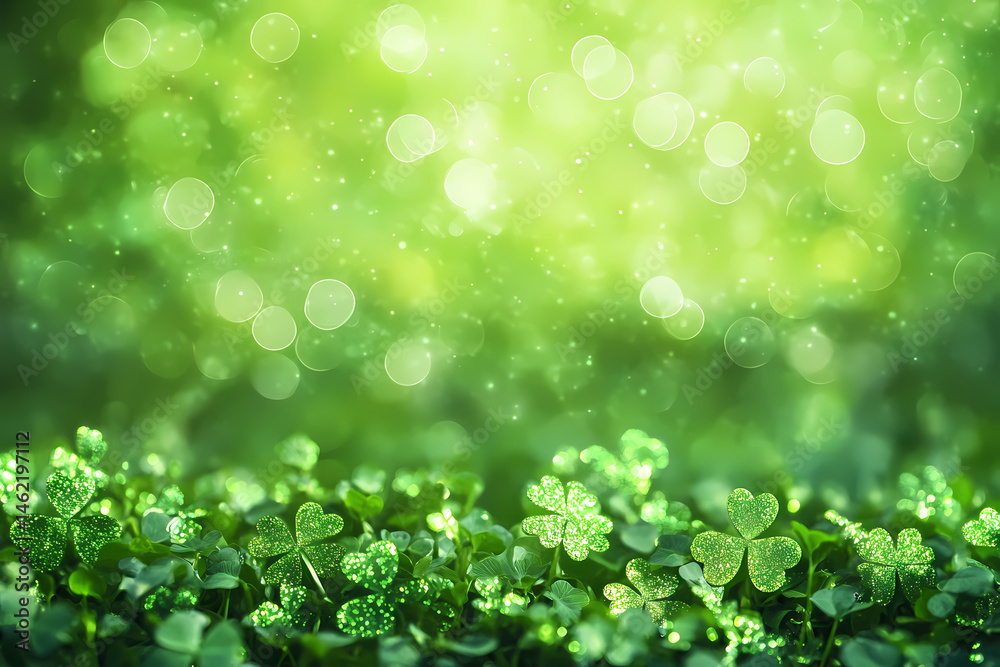 Fototapeta premium Lush Green Clover on the Ground, Illuminated by Sparkling Green Lights in the Background, Evoking the Joyful Celebration and Natural Beauty Associated with St. Patrick's Day and Irish Traditions