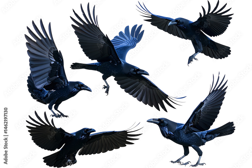 Obraz premium Set of a Black crow bird isolated on a transparent background