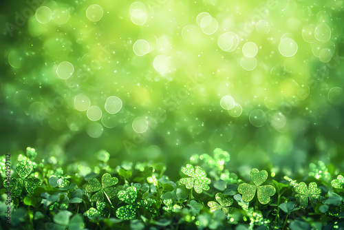 Lush Green Clover on the Ground, Illuminated by Sparkling Green Lights in the Background, Evoking the Joyful Celebration and Natural Beauty Associated with St. Patrick's Day and Irish Traditions