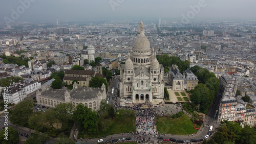 photo from drone of sacre coeur basilica in paris