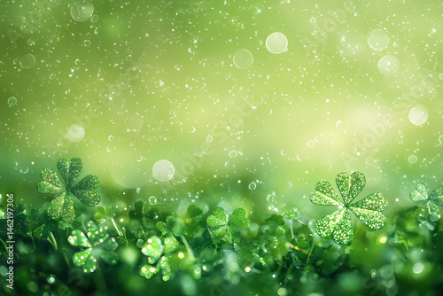 Lush Green Clover on the Ground, Illuminated by Sparkling Green Lights in the Background, Evoking the Joyful Celebration and Natural Beauty Associated with St. Patrick's Day and Irish Traditions