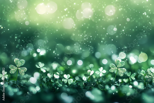 Lush Green Clover on the Ground, Illuminated by Sparkling Green Lights in the Background, Evoking the Joyful Celebration and Natural Beauty Associated with St. Patrick's Day and Irish Traditions