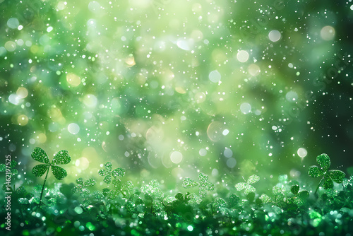 Lush Green Clover on the Ground, Illuminated by Sparkling Green Lights in the Background, Evoking the Joyful Celebration and Natural Beauty Associated with St. Patrick's Day and Irish Traditions