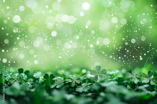 Lush Green Clover on the Ground, Illuminated by Sparkling Green Lights in the Background, Evoking the Joyful Celebration and Natural Beauty Associated with St. Patrick's Day and Irish Traditions