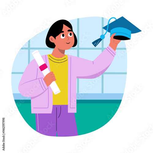 A graduate student holding a graduate cap, flat illustration