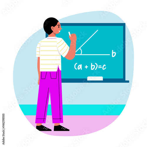 Math student solving equation on board, flat illustration