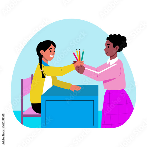 Two students sharing pencils, flat illustration