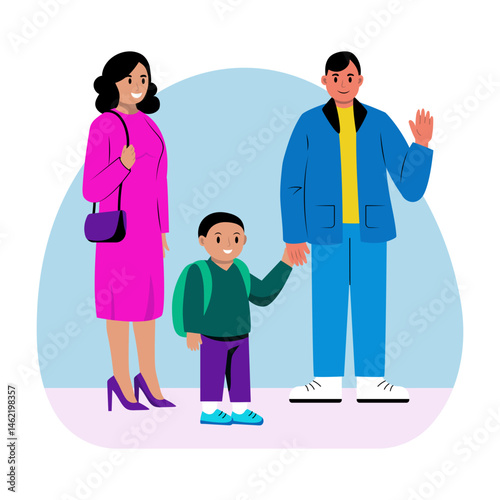 Student going school with his parents, flat illustration