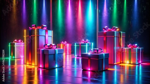 Glowing Neon Gift Boxes & Glowsticks on Stage - Surreal Photography