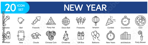 New Year Icons Collection related to  Celebration, Holiday, Party, Festive, January 1st, Countdown, Fireworks, Confetti, Balloons, Gift, Present, Tree, Decoration.