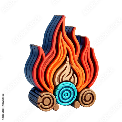 3D colorful fire icon with wooden texture isolated on white background