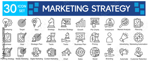 Marketing Strategy Icons Collection related to Marketing, Strategy, Business, Plan, Target, Idea, Growth, Analysis, Planning, Goal, Trade, Pricing, User, Advertising, Branding.
