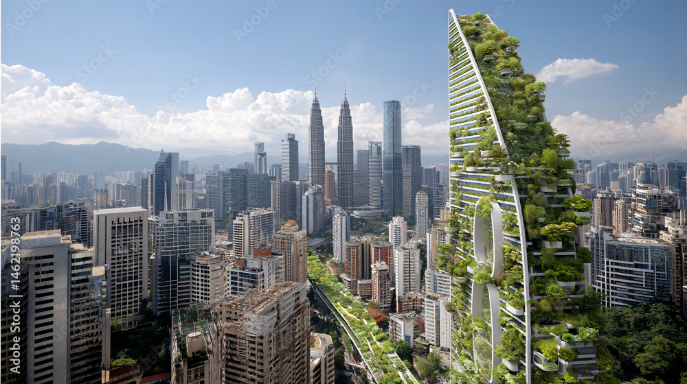 Obraz premium Futuristic Green Skyscraper in a Modern City Skyline