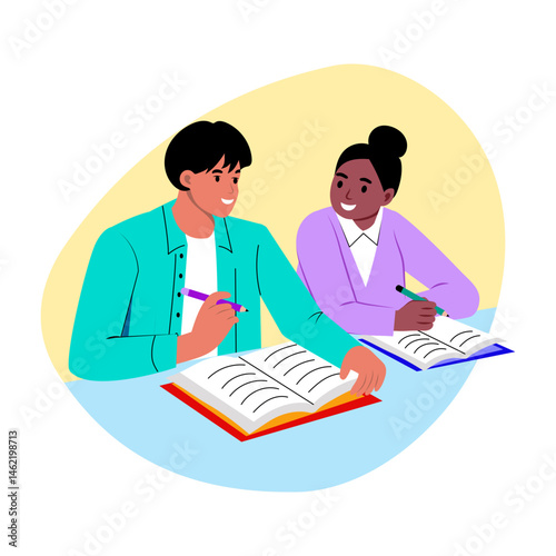 A flat style illustration of two classmates studying together