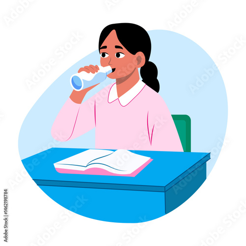 A student drinking water in class, flat style illustration