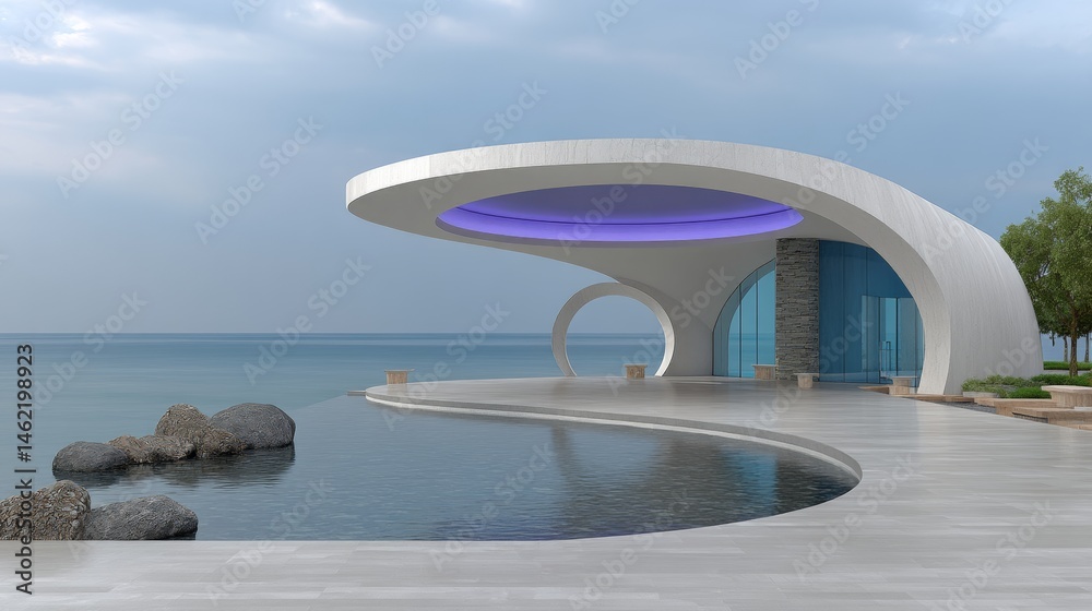 Fototapeta premium Exploring the Tranquil Beauty of a Large Reflective Body of Water in a Stunning Futuristic Architectural Landscape