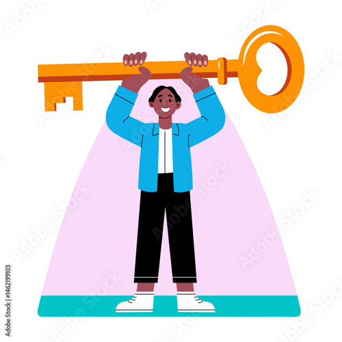 A student holding a key depicting unlock potential, flat illustration