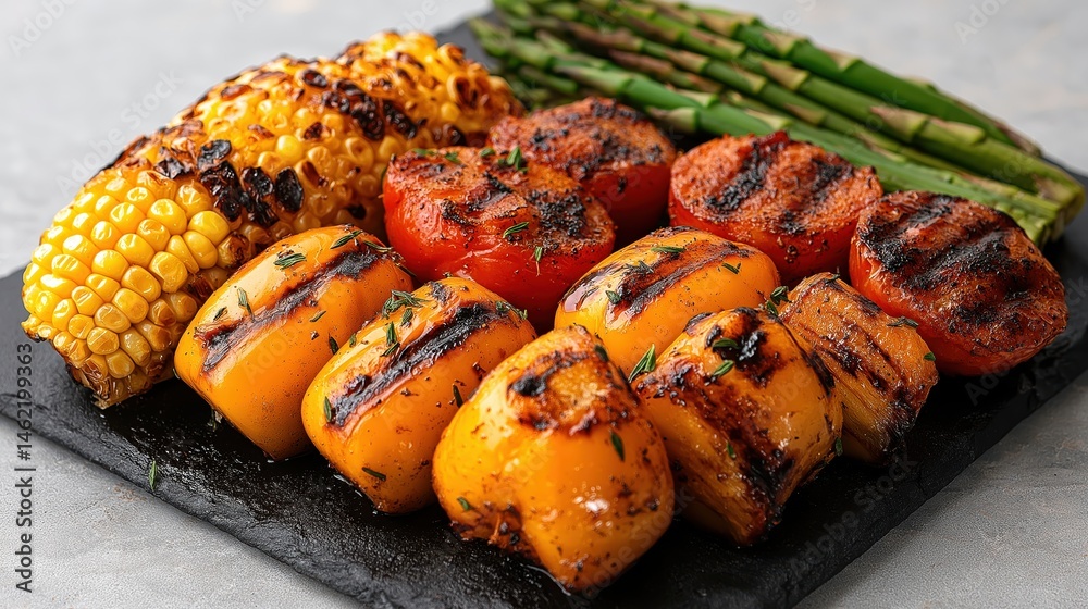 Grilled summer vegetables including asparagus, bell peppers, and corn on a black plate in a bright kitchen setting