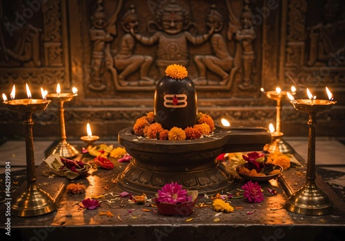 Sacred Hindu Shrine: A Nighttime View of a Shiva Lingam