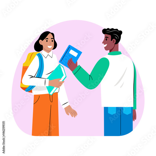 A student sharing book with his friend, flat illustration