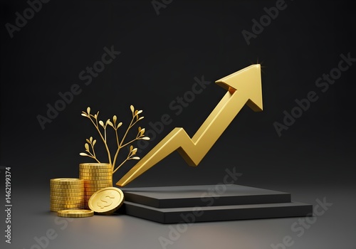 Golden arrow soaring upward, symbolizing growth and financial success.  Stacks of gold coins and a small golden plant add to the prosperous theme.