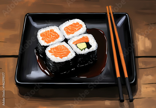 Delicious Salmon and Eel Sushi Rolls with Sesame Seeds and Green Onions, Served on a Textured Black Plate with Chopsticks and Soy Sauce, Showcasing Fresh Asian Flavors and Culinary Presentation