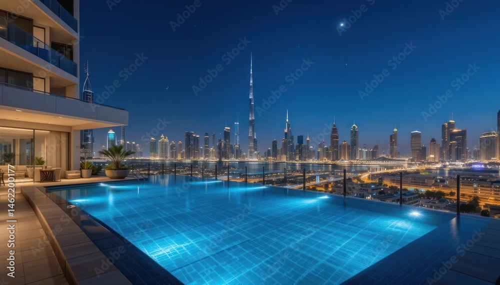 Obraz premium Infinity pool luxury apartment Dubai skyline view 
