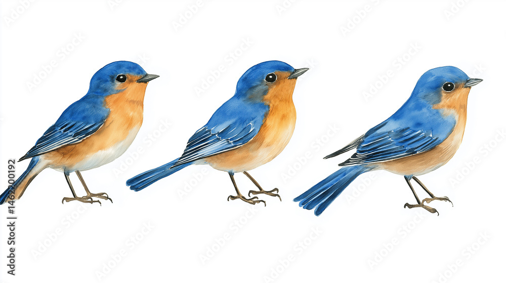 Fototapeta premium Blue and yellow watercolor drawings of birds on a white background. Blue birds with orange feathers, isolated, songbird, bullfinch bird