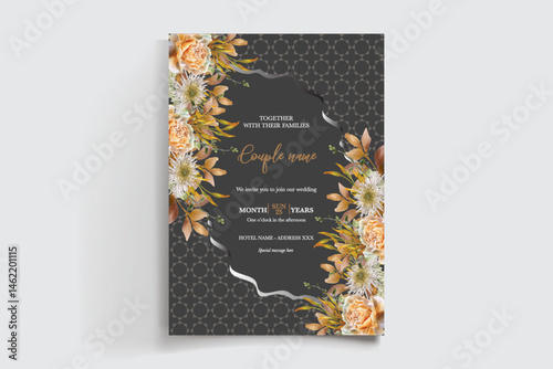 WEDDING INVITATION FRAME WITH FLOWER DECORATIONS AND FRESH LEAVES