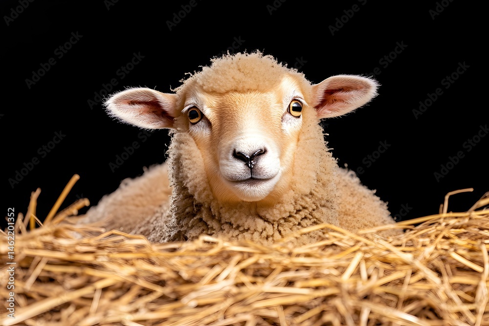 Obraz premium A light-tan sheep rests in straw, gazing directly at the viewer against a black backdrop