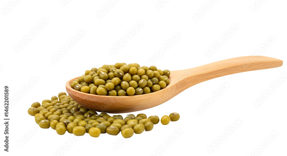 Green mung beans in a wooden spoon. Healthy and nutritious food.