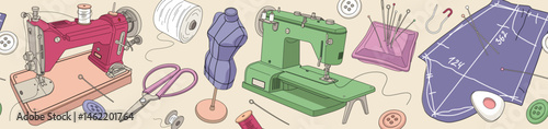 Seamless pattern with sewing elements. Atelier, craft, clothing, hand made repeat background design template. Vector illustration of sewing machine, mannequin, pin cushion, needle, thread and button
