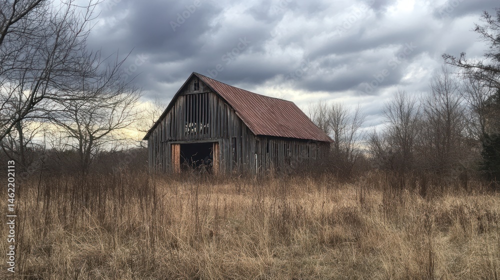 Rustic wooden barn nestled within a field under a cloudy sky. Rustic wooden barn nestled within a field under a cloudy sky.