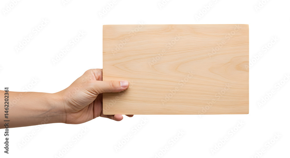 A hand holds up a light-colored wooden sign.