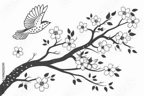 60 Black and white illustration, delicate floral branches, spotted bird in flight, ink wash technique, botanical art, Japanese-inspired, negative space, graceful composition, cherry blossoms, watercol