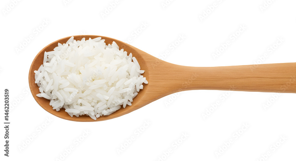 A wooden spoon brimming with fluffy white rice. Simple, clean, and delicious.