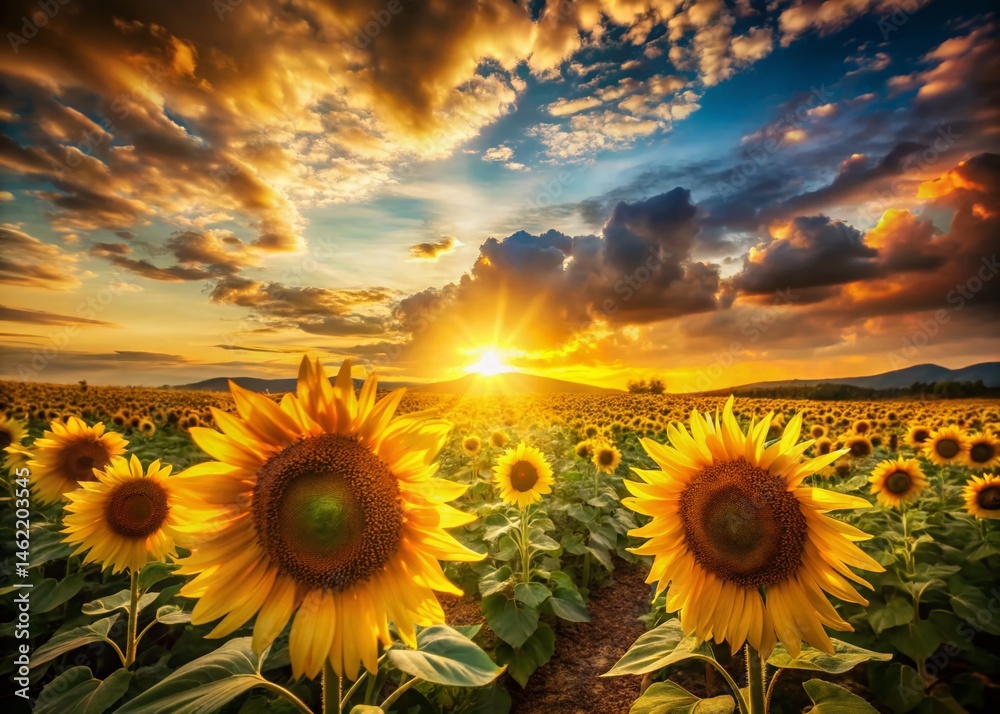 Obraz premium Golden Sunset Double Exposure: Sunflowers & Sky - Stunning Nature Photography