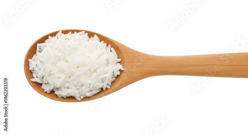 Obraz na płótnie A wooden spoon brimming with fluffy white rice. Simple, clean, and delicious. w salonie