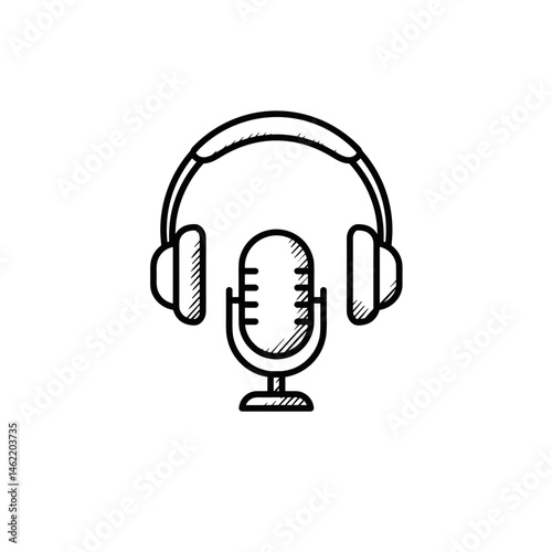 Minimalistic vector black and white icon, Microphone with Headphones in Hand-Drawn Style, clean white background without shadows, 2px line thickness, online education concept,