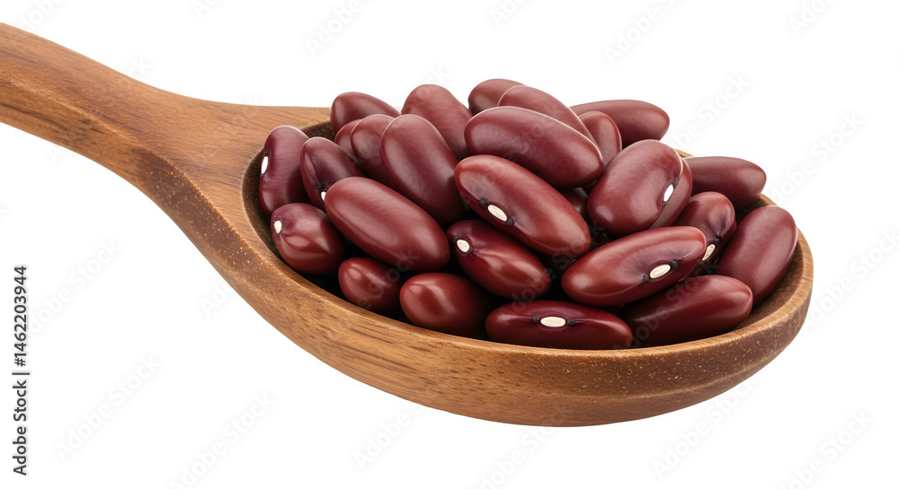 A wooden spoon brimming with kidney beans. Rich, dark red hues.
