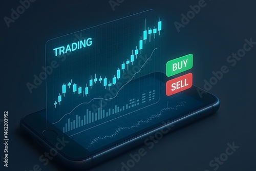 Mobile phone displaying stock market data and trading candlestick charts with buy and sell options for financial investment.