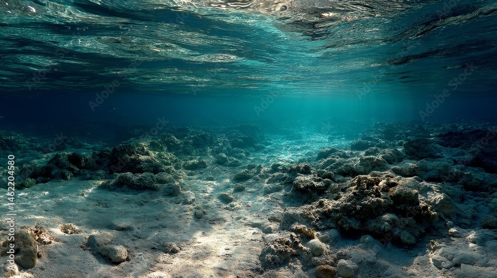 Obraz premium underwater photo blue background panorama ocean surface and bottom of the sea