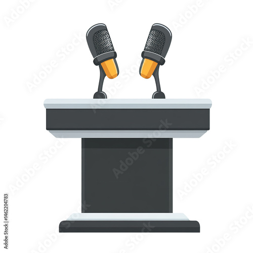 Elegant podium stage with two microphones against the backdrop of darkness
