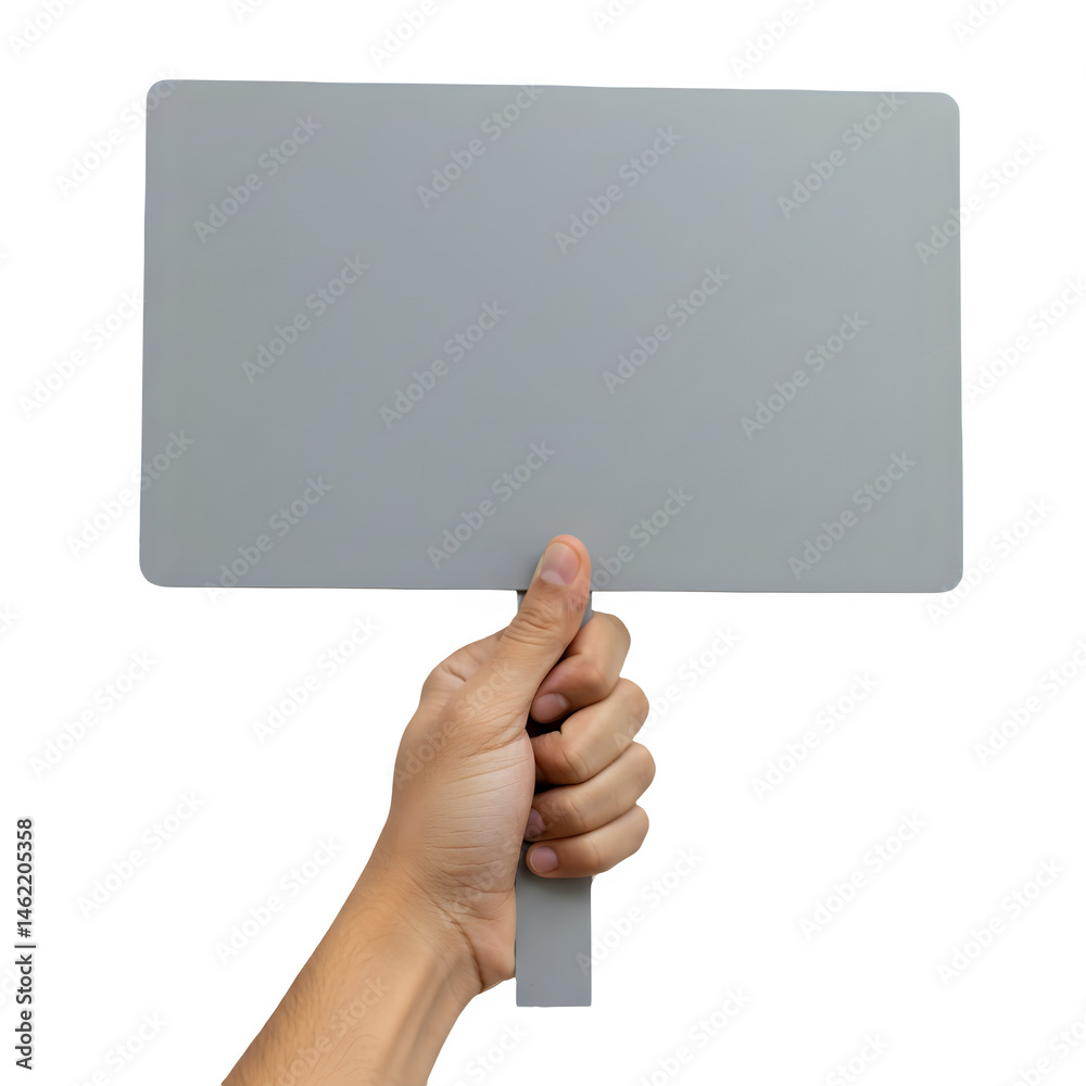 Hand holding a blank gray sign. Perfect for your message!