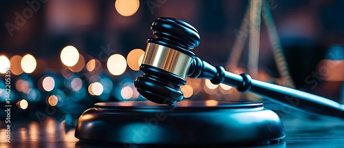 Court gavel on a stand, illuminated by soft lights photo